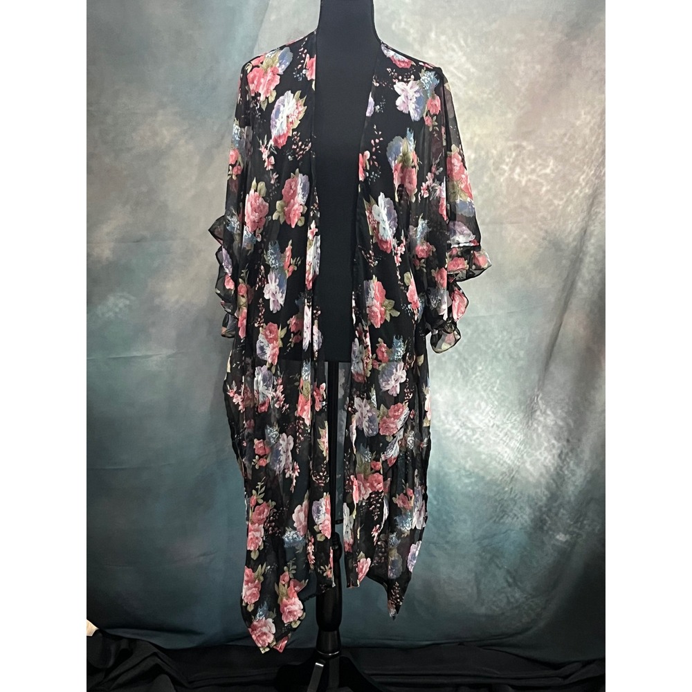 Betsey Johnson Womens Floral Sheer Duster Kimono Swimsuit Coverup Black One Size